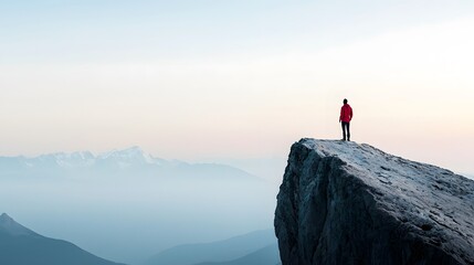 An individual in a red jacket stands confidently on a rocky mountain peak, admiring the breathtaking view of distant snow Achievement to Next Step Concepty mountains under a soft pastel sky.