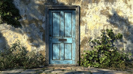 Rustic Blue Door Against Weathered Wall