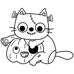 Cute cartoon cat ghost zombie illustration for Halloween coloring book
