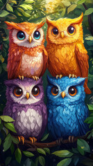 Fototapeta premium Four colorful owls perched on a branch.