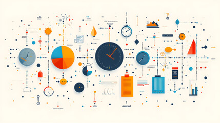 Fototapeta premium Colorful abstract design featuring clocks, charts, and geometric shapes representing time, data, and measurement concepts.