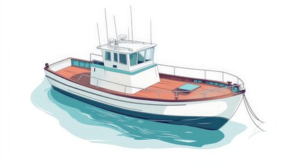 Fototapeta premium Tranquil Vintage Fishing Boat - Minimalistic 2D Vector Illustration with Soft Pastel Tones and Smooth Lines on Transparent Background