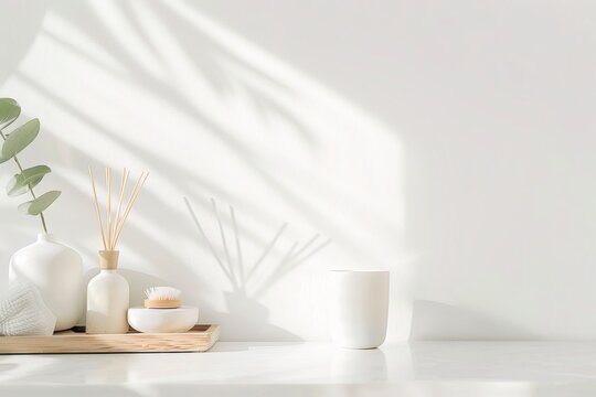 Create a tranquil atmosphere with this minimalist scene featuring eucalyptus, candles, and natural light. Perfect for wellness, beauty, or lifestyle projects.