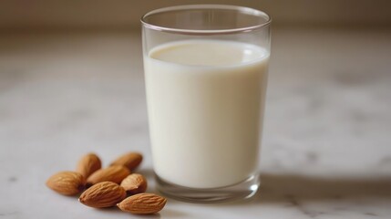 Almond milk, shown in a glass with a handful of almonds beside it, capturing the essence of this popular dairy alternative, with a clean and minimalistic style.