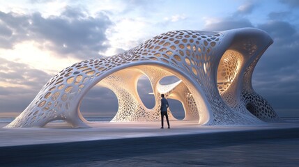 Architect using parametric design tools, working with complex, algorithm-driven software to create fluid, dynamic structures that push the boundaries of conventional architecture.