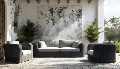 Stylish outdoor seating arrangement with grey rattan sofa and armchairs against white shiplap walls, enhanced by striking wall art overhead