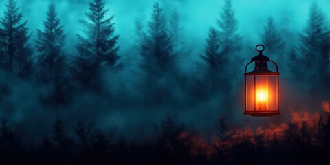 A glowing lantern illuminates a misty forest, providing a mystical ambiance filled with enchanting shadows and deep solitude.