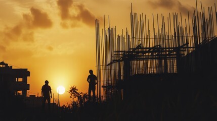 Construction site silhouette at dusk, with the faint glow of the setting sun casting long shadows, creating a dramatic and atmospheric scene.