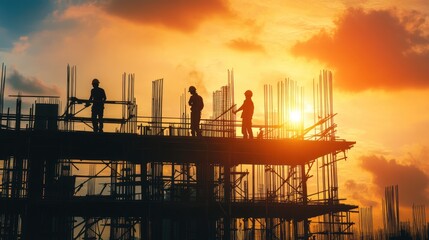Obraz premium Construction site silhouette at dusk, with the faint glow of the setting sun casting long shadows, creating a dramatic and atmospheric scene.