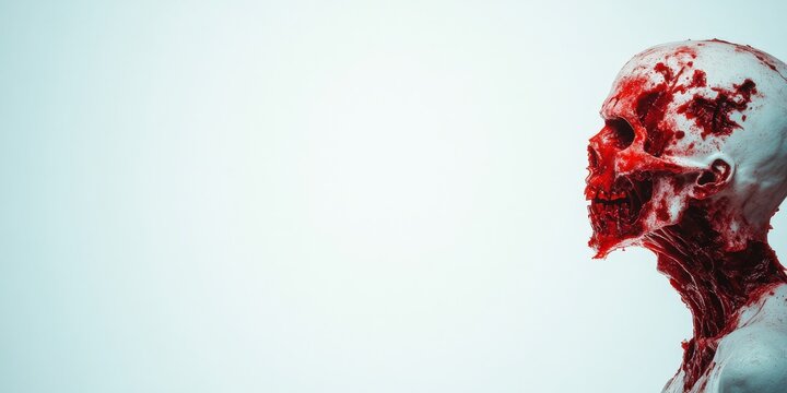 A haunting and dramatic image of a skull with intricate details, featuring a stark red contrast against a soft background.