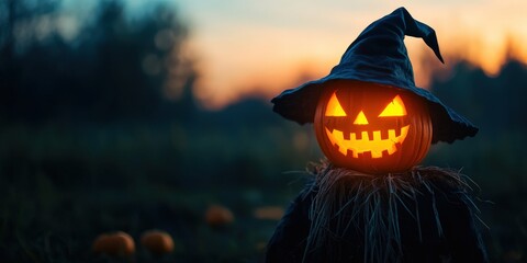 Naklejka premium A spooky Halloween pumpkin with a creepy smile, set against a dusky autumn backdrop, perfect for seasonal decorations.