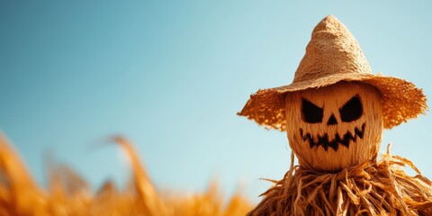 A spooky scarecrow stands in a golden field under a clear blue sky, adding a festive touch to the autumn landscape.