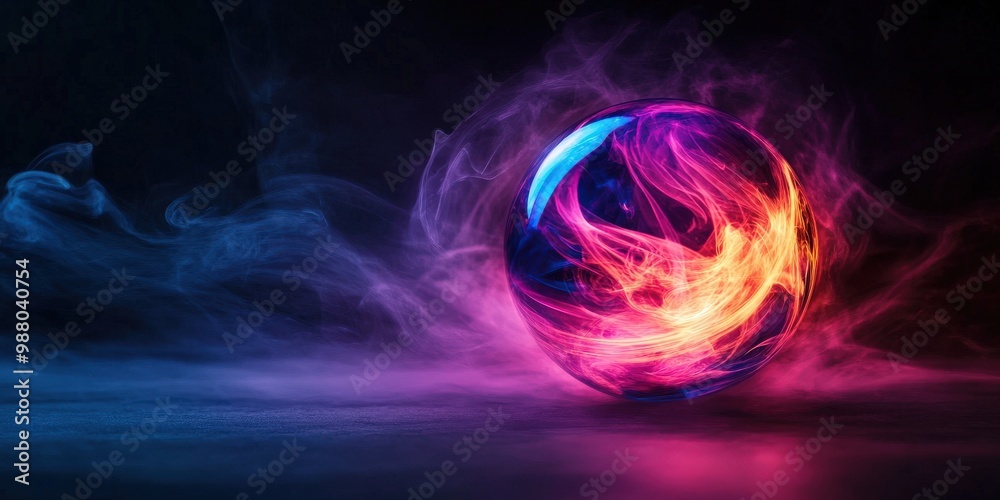 Sticker A vibrant, glowing orb surrounded by swirling smoke, showcasing brilliant colors and dynamic movement in a dark atmosphere.