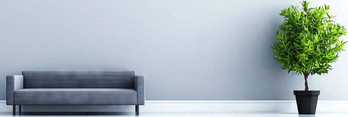 Obraz premium A minimalist living room with a gray couch and a potted plant.