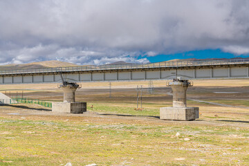 Tibetan donkeys under the bridge in no mans land of Kunlun mountains and Hoh Xil, Qinghai, China