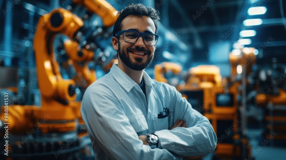 Poster happy engineer man in advanced automation projects, overseeing or programming complex automated syst