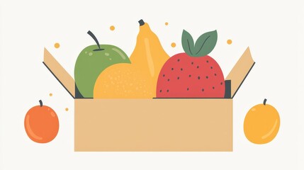 Minimalist Flat Vector Illustration of Fruit in Box on Transparent Background with Pastel Colors