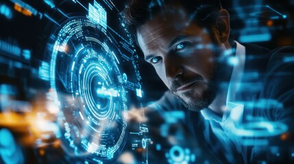 Fototapeta premium Happy engineer man in AI-driven engineering, utilizing artificial intelligence and machine learning tools to optimize design and processes, set in a futuristic and tech-savvy environment.