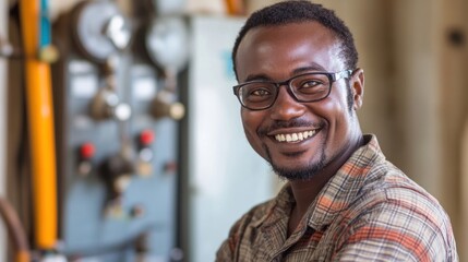 Fototapeta premium Happy engineer man in humanitarian engineering, working on projects that provide engineering solutions for underserved communities, reflecting compassion and social responsibility.