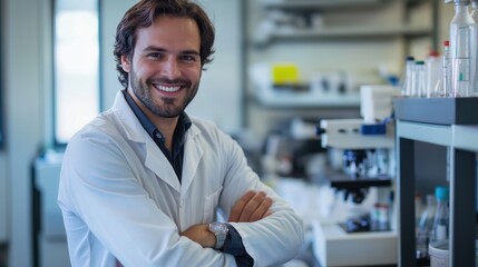 Happy engineer man in innovative materials research, actively engaged with advanced materials, showcasing cutting-edge discoveries and futuristic applications in a high-tech lab.