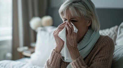 Ill sick middle aged woman sneezing blowing running nose holding tissue sit on bed, upset old mature lady caught cold got flu influenza grippe symptoms drink hot tea taking medications at home alone