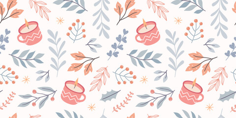 A cozy seamless pattern with candles in a mug, leaves, berries. Autumn-winter design