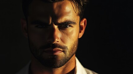 Obraz premium Man portrait in studio lighting, showcasing professional lighting techniques that highlight his features with dramatic shadows and highlights.