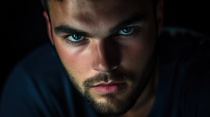 Obraz premium Man portrait in studio lighting, showcasing professional lighting techniques that highlight his features with dramatic shadows and highlights.