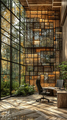Modern office with a view of the forest.