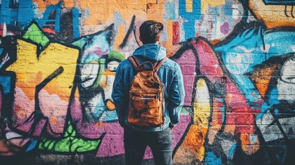 Man portrait with urban graffiti, captured against a vibrant graffiti wall, with a streetwear look that complements the gritty, artistic urban setting.