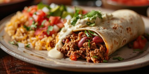 Classic burrito filled with Picadillo and garnished with beans and cheese