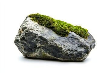 Rock with vibrant green moss on solid white background, single object