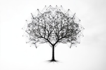Sacred geometry tree with interconnected shapes on solid white background, single object