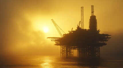 Obraz premium Silhouette of offshore construction platform, with the structure rising from the sea, emphasizing the scale and technical challenges of building in a marine environment.