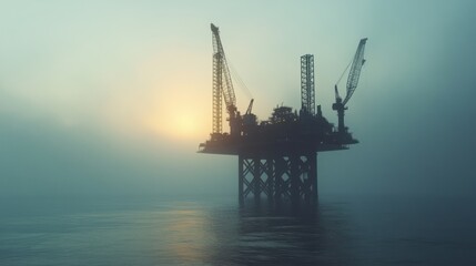 Obraz premium Silhouette of offshore construction platform, with the structure rising from the sea, emphasizing the scale and technical challenges of building in a marine environment.