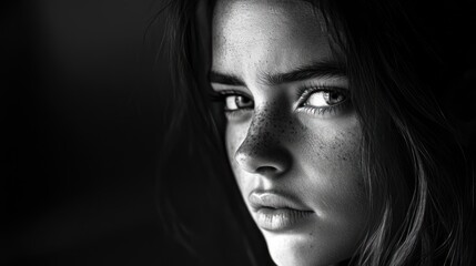 Teenage woman portrait in black and white, emphasizing her features and emotions with high-contrast tones, creating a timeless and classic aesthetic.