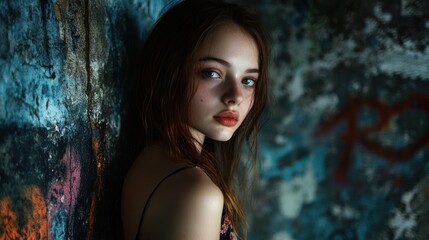 Fototapeta premium Teenage woman portrait with creative background, featuring an imaginative and unconventional setting that enhances the uniqueness and artistic flair of the image.