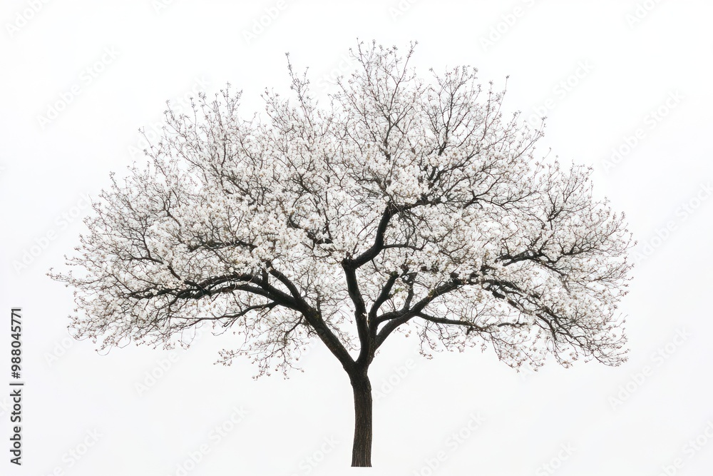 Wall mural tree in full bloom with detailed branches on solid white background, single object