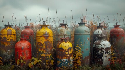 Naklejka premium Rusty Industrial Tanks in a Field