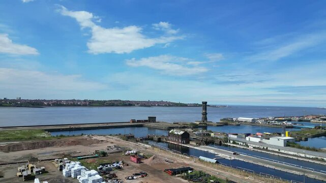 An Aerial Footage of Liverpool City and Docks on Ocean at Northwest England. United Kingdom. May 5th, 2024