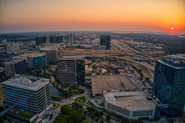 Aerial View of the Plano, Texas Business District during Summer Sunset