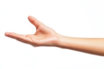 Woman's hand in yoga pose with fingers gently extended on solid white background, single object