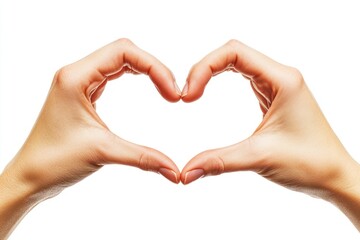 Fototapeta premium Woman's hand sign forming a heart shape on solid white background, single object