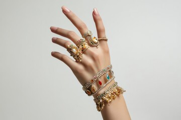 Woman's hand with jewelry adorned on fingers on solid white background, single object