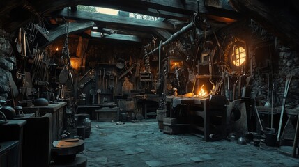 Fototapeta premium A cluttered, dimly lit workshop with tools, workbenches, and a forge lit by a glowing fire.