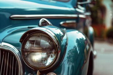 Fototapeta premium Close-up of vintage car headlight with reflection. Classic vehicle and retro design concept.