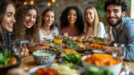 A group of friends from different backgrounds sharing a meal at a dinner table