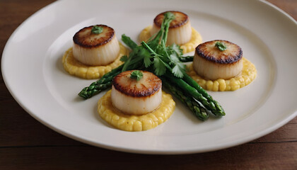 seared scallops with sweet corn puree on a plate