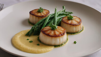 seared scallops with sweet corn puree on a plate