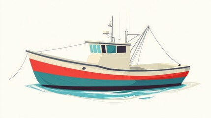 Fototapeta premium Tranquil Vintage Fishing Boat Aerial View - Minimalistic Vector Illustration with Soft Pastel Tones